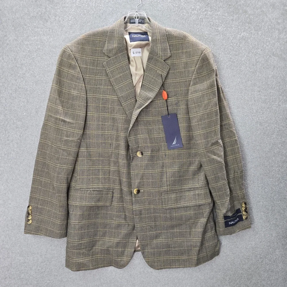 Nautica Men Blazer‎ 39R Brown Wool Alpaca Jacket Glen Check Plaid NWT